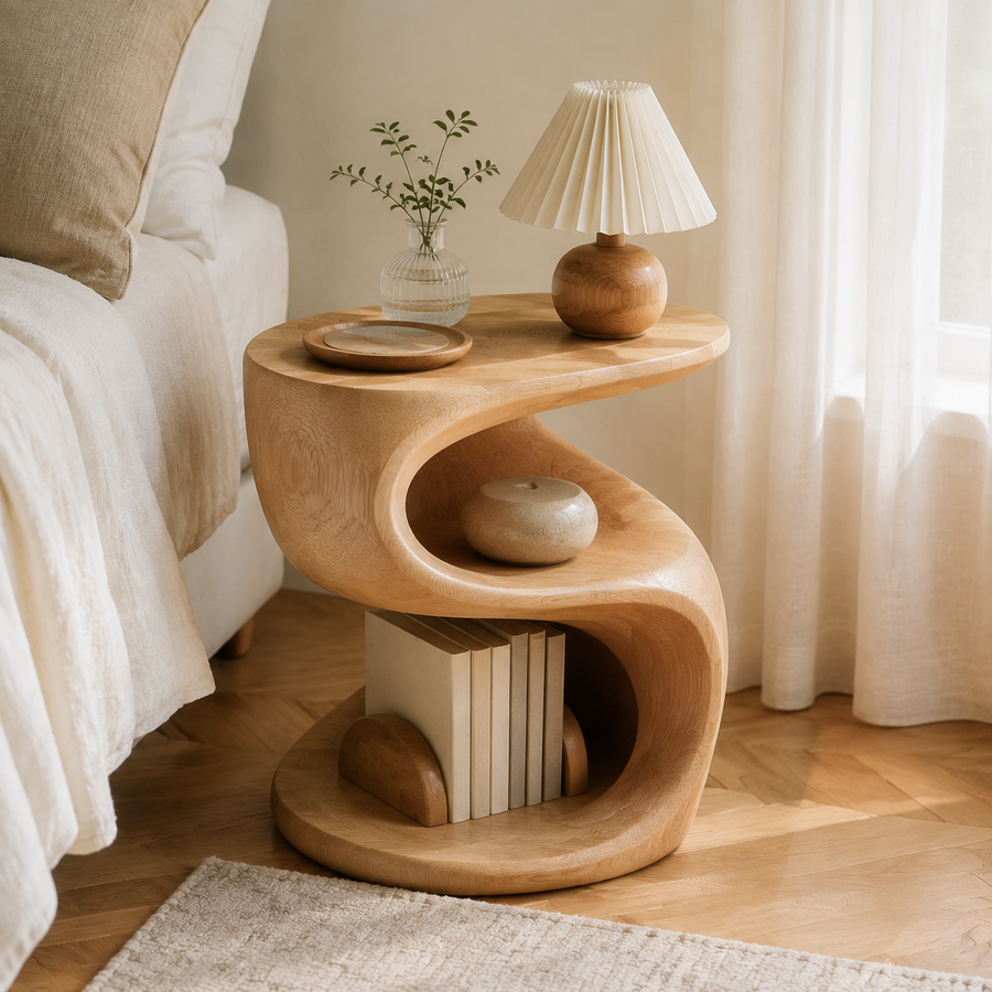 Zayvella™ Organic Curve Wooden Side Table – Modern Bedside Nightstand with Open Storage Shelf for Bedroom & Living Room