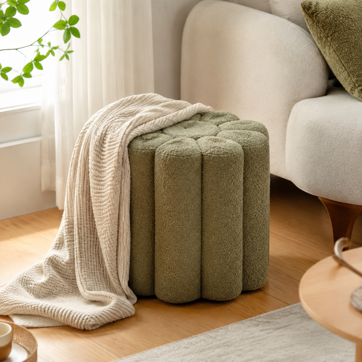 Zayvella™ Mosselle Channel-Tufted Ottoman – Sculptural Olive Green Accent Stool with Plush Ribbed Design