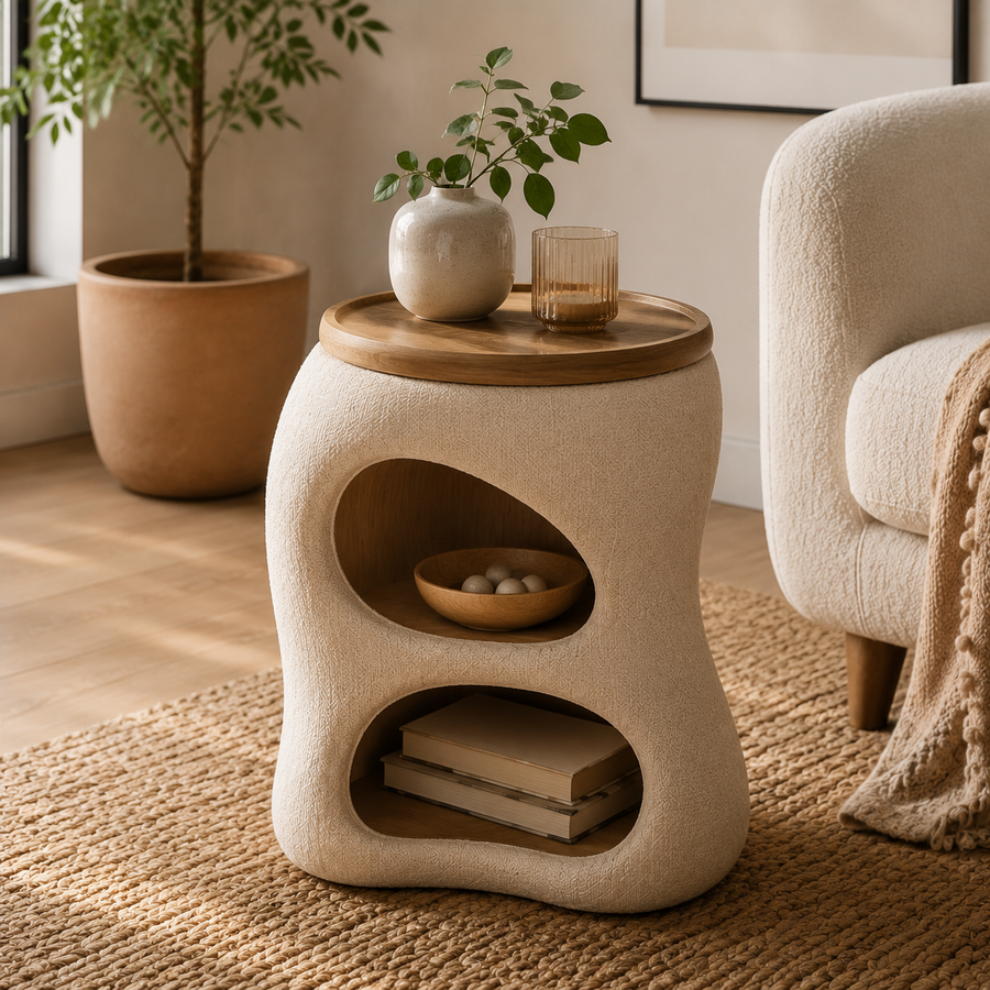 Zayvella™ Cloud Curve Accent Side Table – Modern Bouclé Storage Nightstand with Organic Rounded Design for Bedroom & Living Room