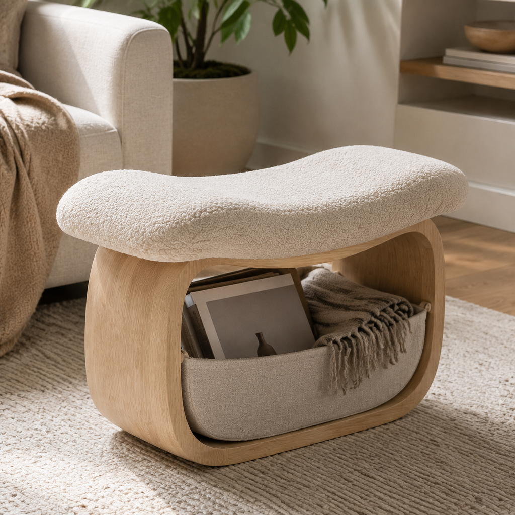 Zayvella™ CozyCurve Bouclé Storage Ottoman Bench – Modern Upholstered Accent Stool with Hidden Storage for Bedroom, Living Room & Entryway