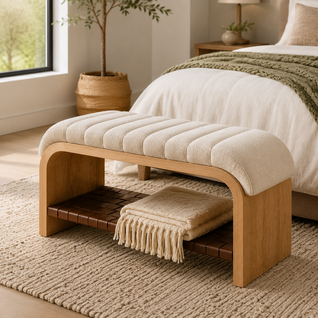 Zayvella™ HavenArc Upholstered Storage Bench – Channel-Tufted End-of-Bed Bench with Open Lower Shelf, Curved Wood Frame for Bedroom, Entryway & Living Room