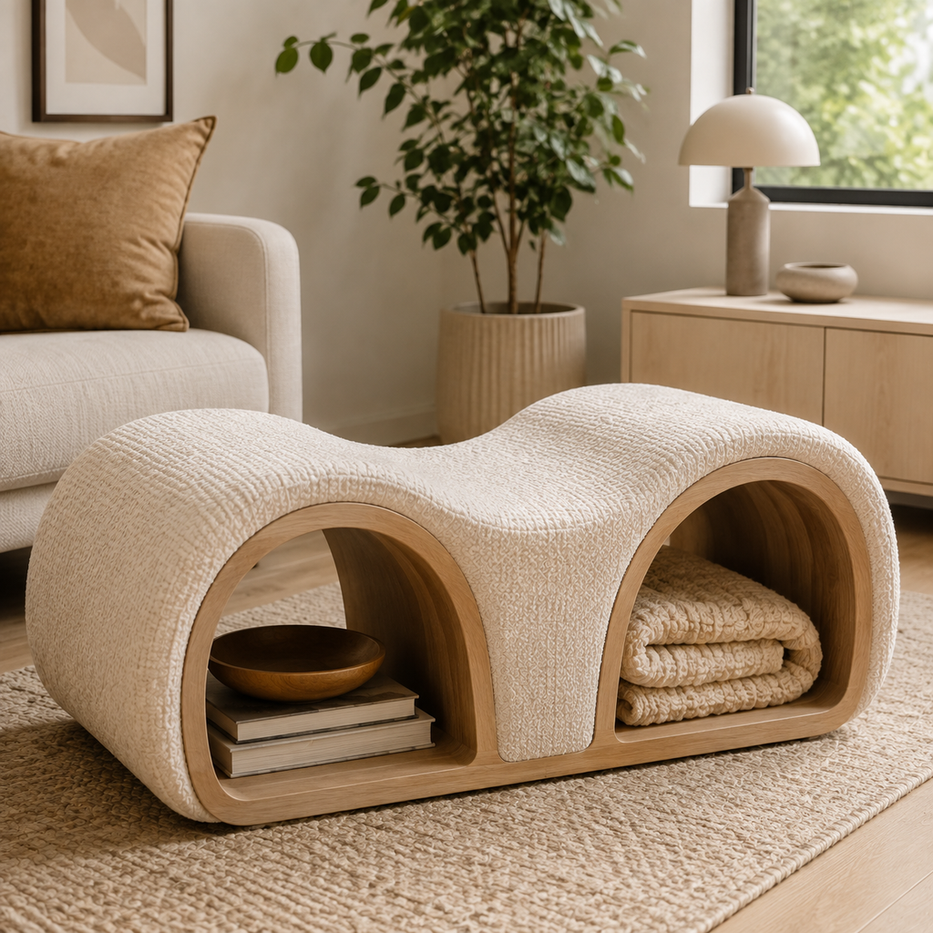 Zayvella™ SereneWave Upholstered Storage Bench – Sculptural Curved Accent Ottoman with Dual Open Shelves for Living Room, Bedroom & Lounge