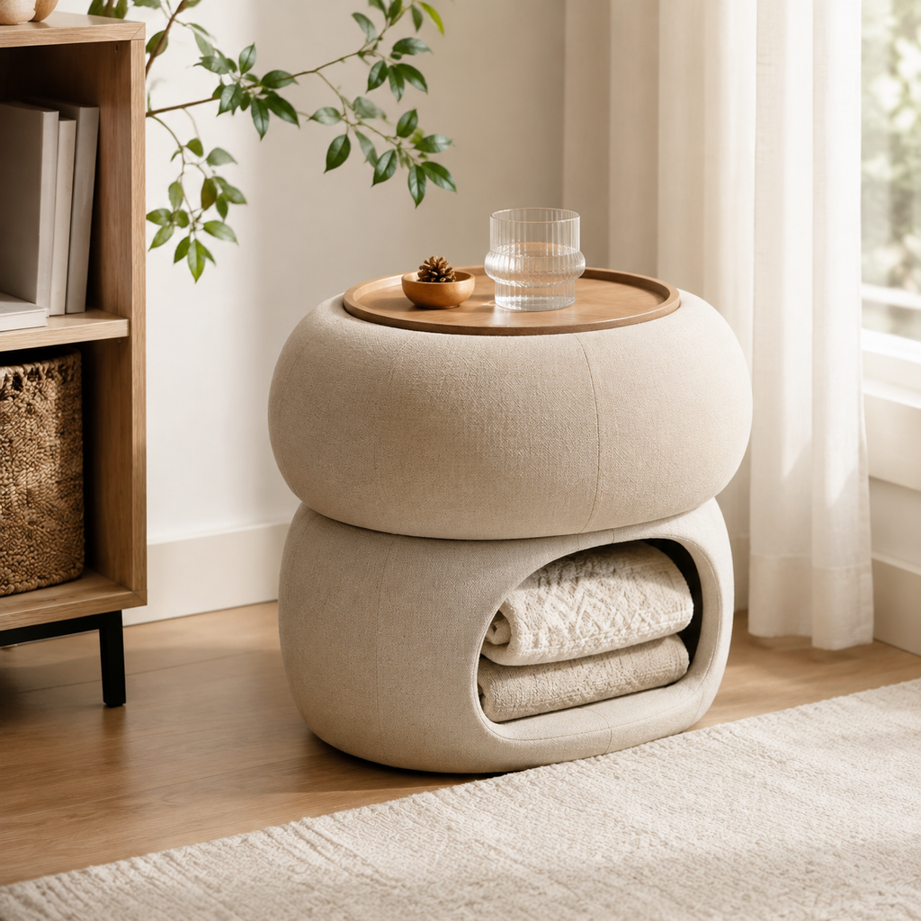 Zayvella™ HavenNest Storage Side Table – Upholstered Round Accent Table with Wood Tray Top & Open Blanket Compartment