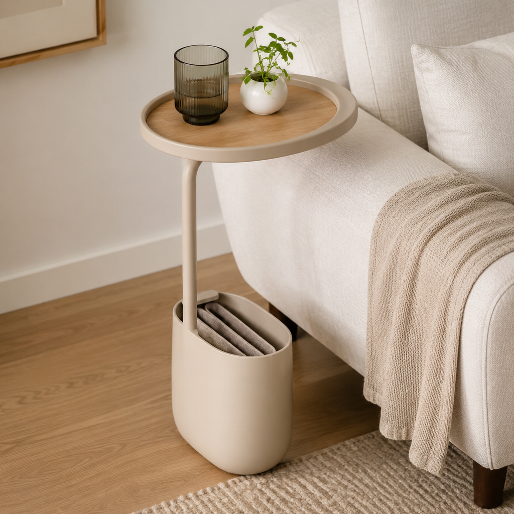 Zayvella™ Elowen C-Side Organizer Table – Slim Sofa Side Table with Round Wood-Style Tray Top & Integrated Storage Pocket