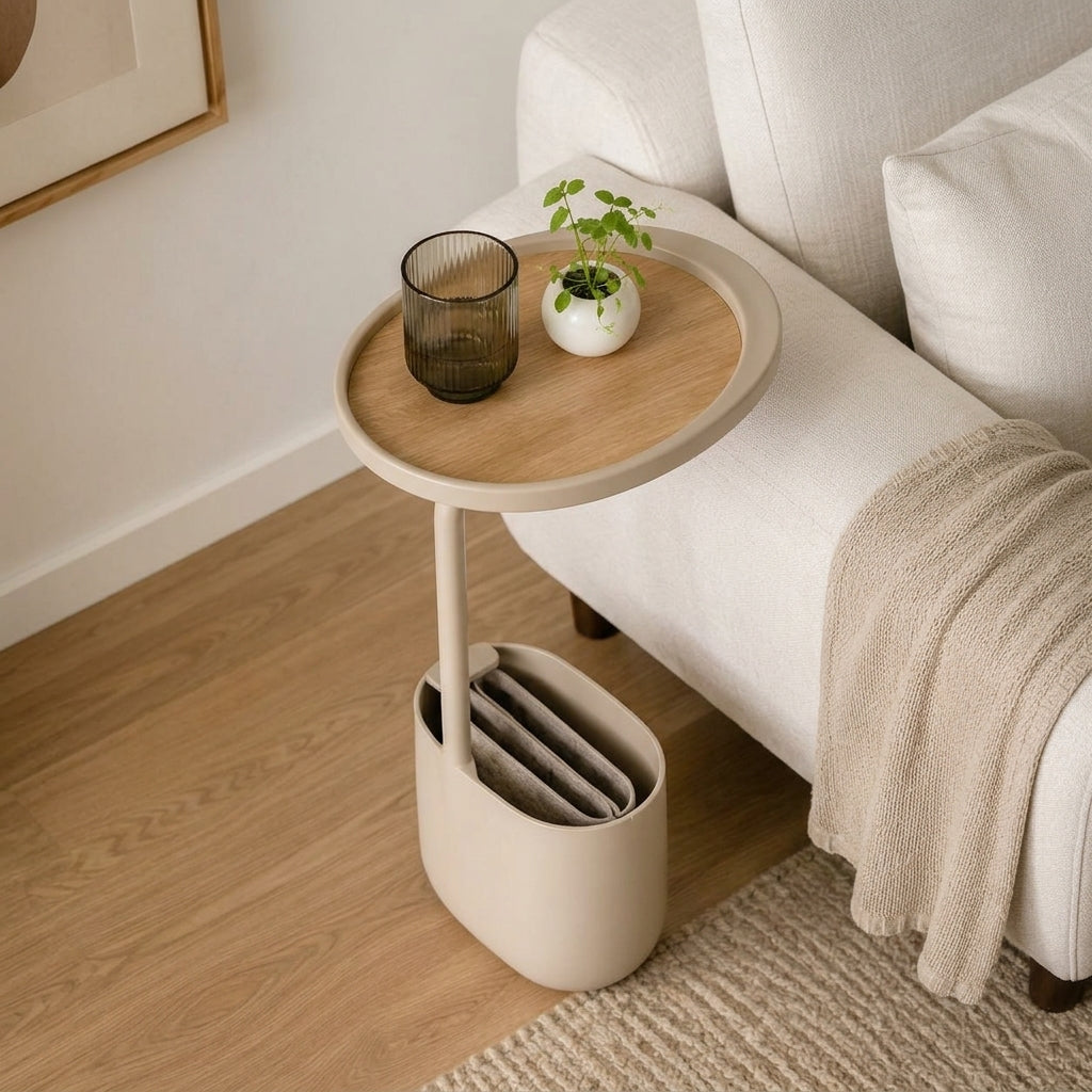 Zayvella™ Elowen C-Side Organizer Table – Slim Sofa Side Table with Round Wood-Style Tray Top & Integrated Storage Pocket
