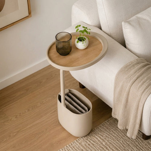 Zayvella™ Elowen C-Side Organizer Table – Slim Sofa Side Table with Round Wood-Style Tray Top & Integrated Storage Pocket