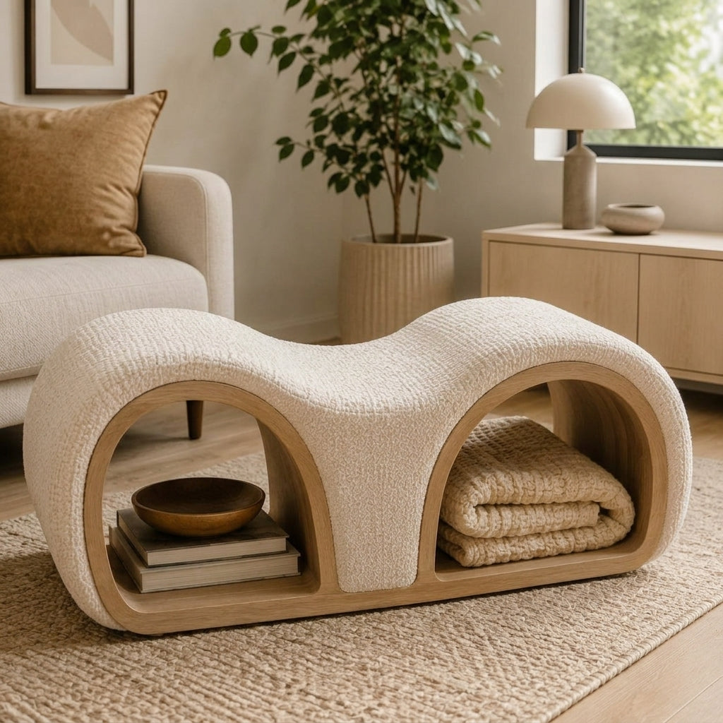 Zayvella™ SereneWave Upholstered Storage Bench – Sculptural Curved Accent Ottoman with Dual Open Shelves for Living Room, Bedroom & Lounge