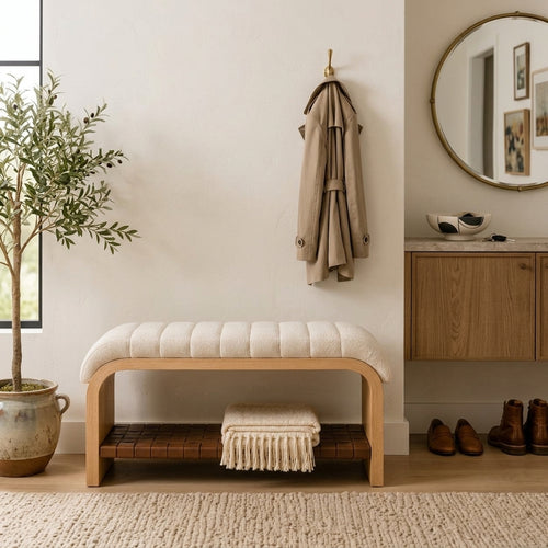 Zayvella™ HavenArc Upholstered Storage Bench – Channel-Tufted End-of-Bed Bench with Open Lower Shelf, Curved Wood Frame for Bedroom, Entryway & Living Room