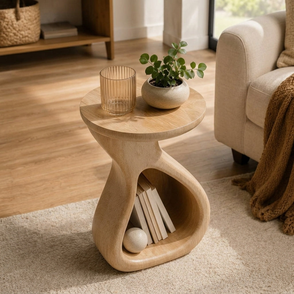 Zayvella™ SculpturaCurve Accent Side Table – Modern Organic Wood End Table with Open Storage Shelf for Living Room, Bedroom & Reading Spaces