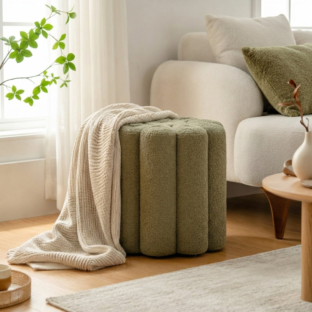 Zayvella™ Mosselle Channel-Tufted Ottoman – Sculptural Olive Green Accent Stool with Plush Ribbed Design