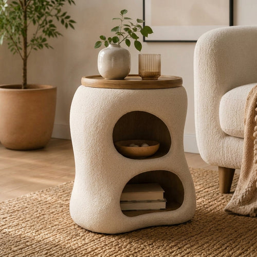 Zayvella™ Cloud Curve Accent Side Table – Modern Bouclé Storage Nightstand with Organic Rounded Design for Bedroom & Living Room