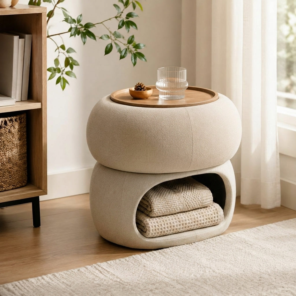 Zayvella™ HavenNest Storage Side Table – Upholstered Round Accent Table with Wood Tray Top & Open Blanket Compartment
