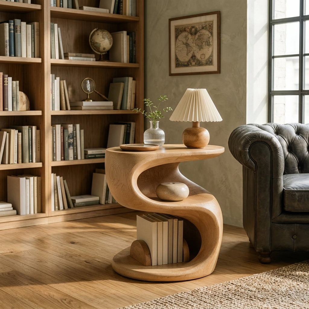 Zayvella™ Organic Curve Wooden Side Table – Modern Bedside Nightstand with Open Storage Shelf for Bedroom & Living Room