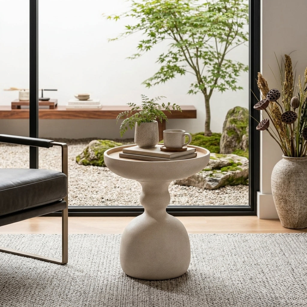 Zayvella™ Solenne Pedestal Side Table – Sculptural Round Accent Table with Raised Tray Edge & Organic Modern Silhouette