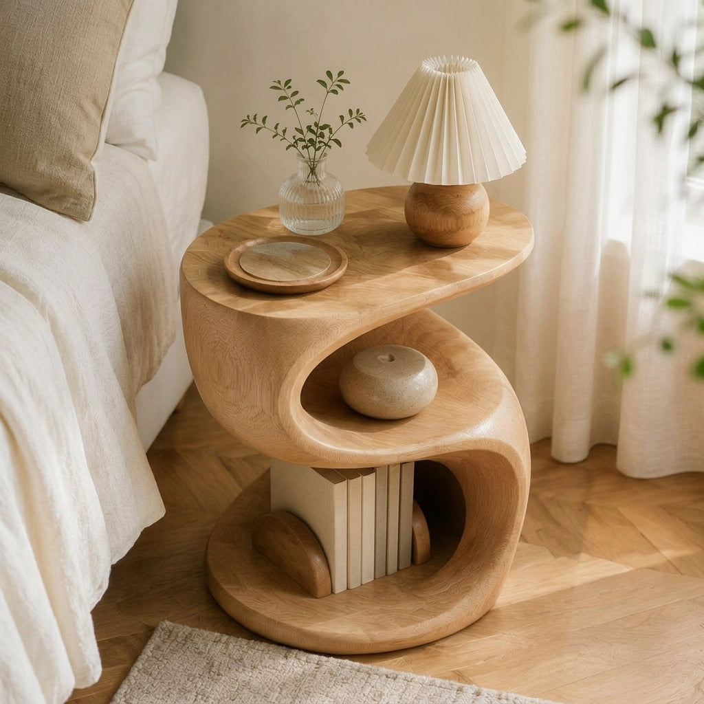 Zayvella™ Organic Curve Wooden Side Table – Modern Bedside Nightstand with Open Storage Shelf for Bedroom & Living Room
