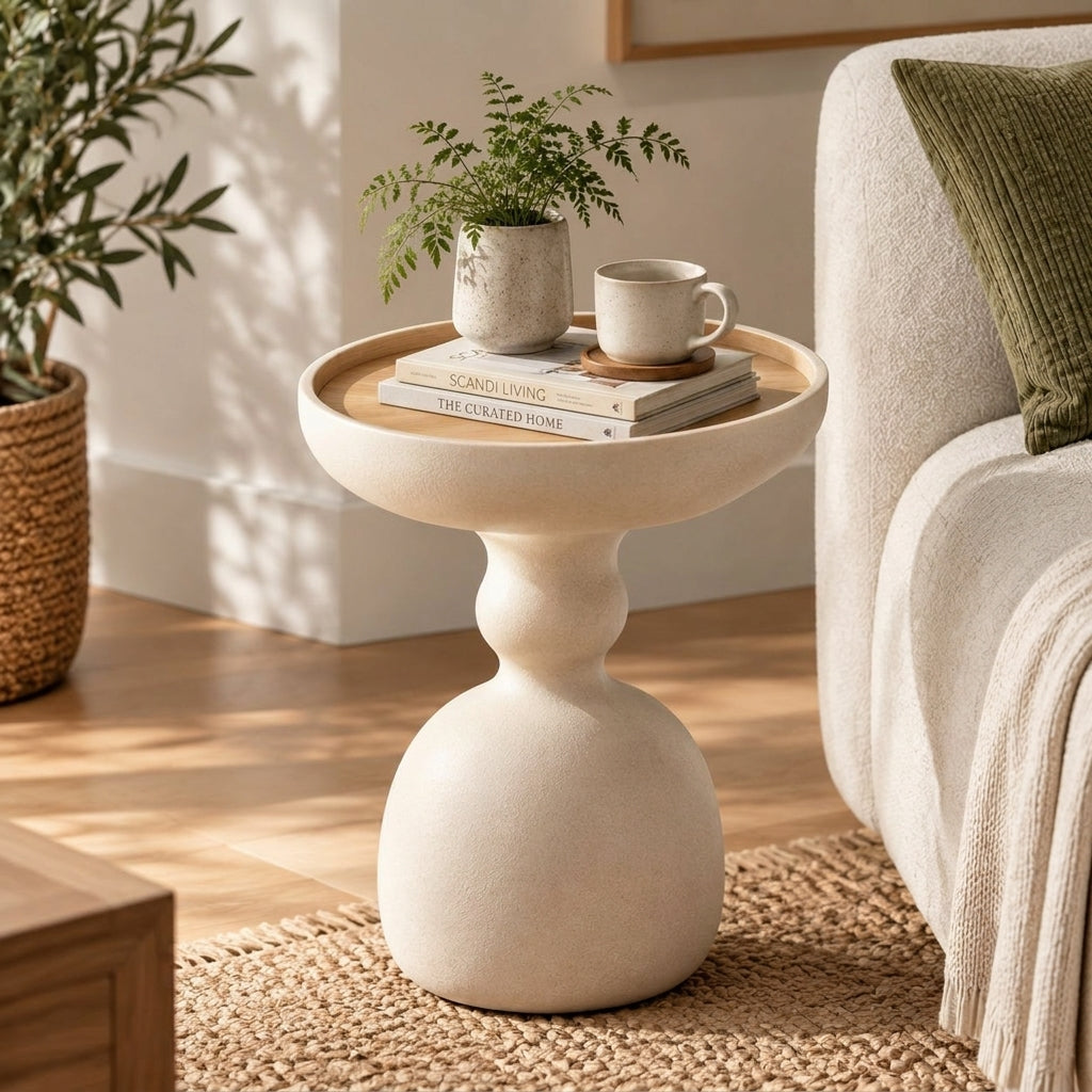 Zayvella™ Solenne Pedestal Side Table – Sculptural Round Accent Table with Raised Tray Edge & Organic Modern Silhouette
