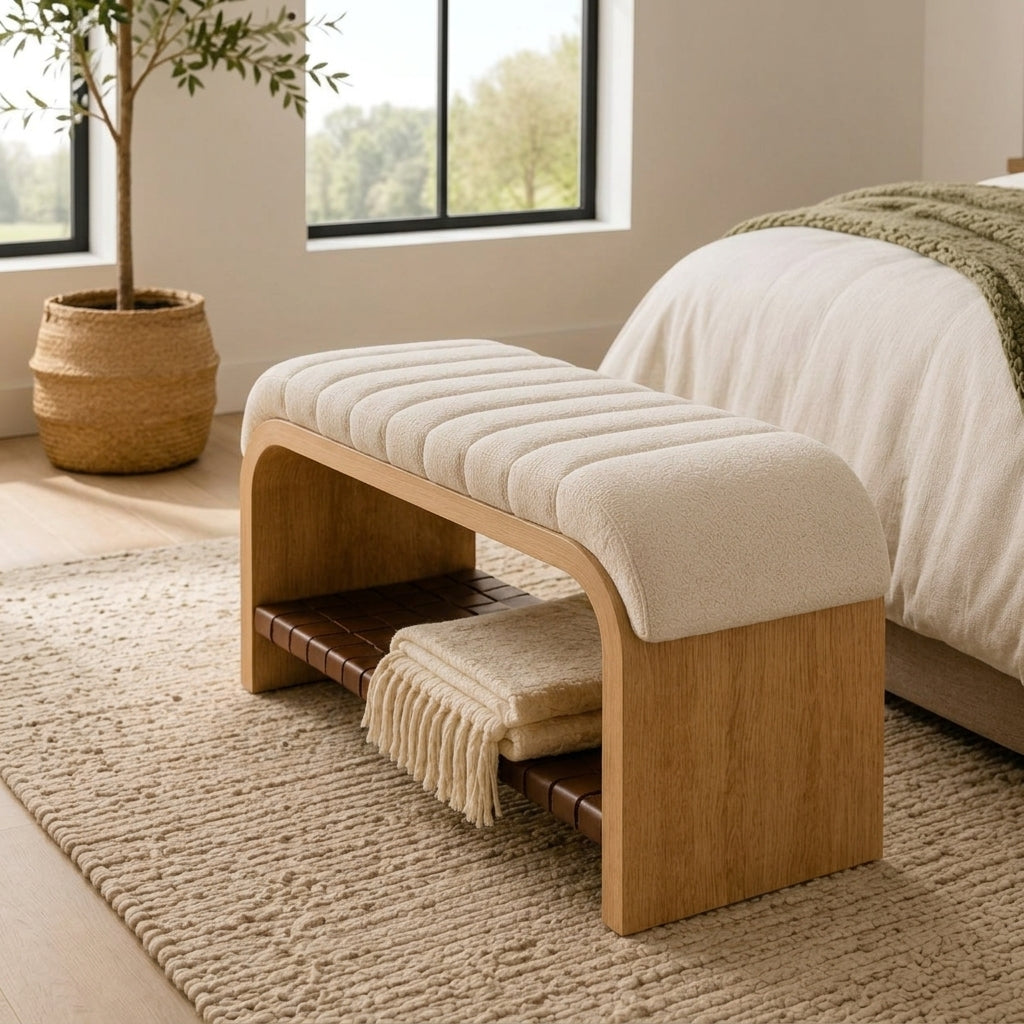 Zayvella™ HavenArc Upholstered Storage Bench – Channel-Tufted End-of-Bed Bench with Open Lower Shelf, Curved Wood Frame for Bedroom, Entryway & Living Room