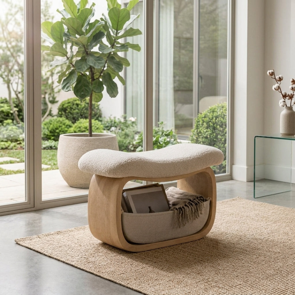 Zayvella™ CozyCurve Bouclé Storage Ottoman Bench – Modern Upholstered Accent Stool with Hidden Storage for Bedroom, Living Room & Entryway