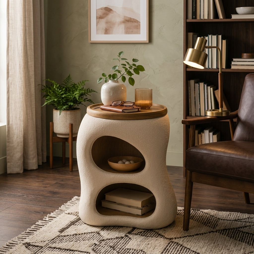 Zayvella™ Cloud Curve Accent Side Table – Modern Bouclé Storage Nightstand with Organic Rounded Design for Bedroom & Living Room