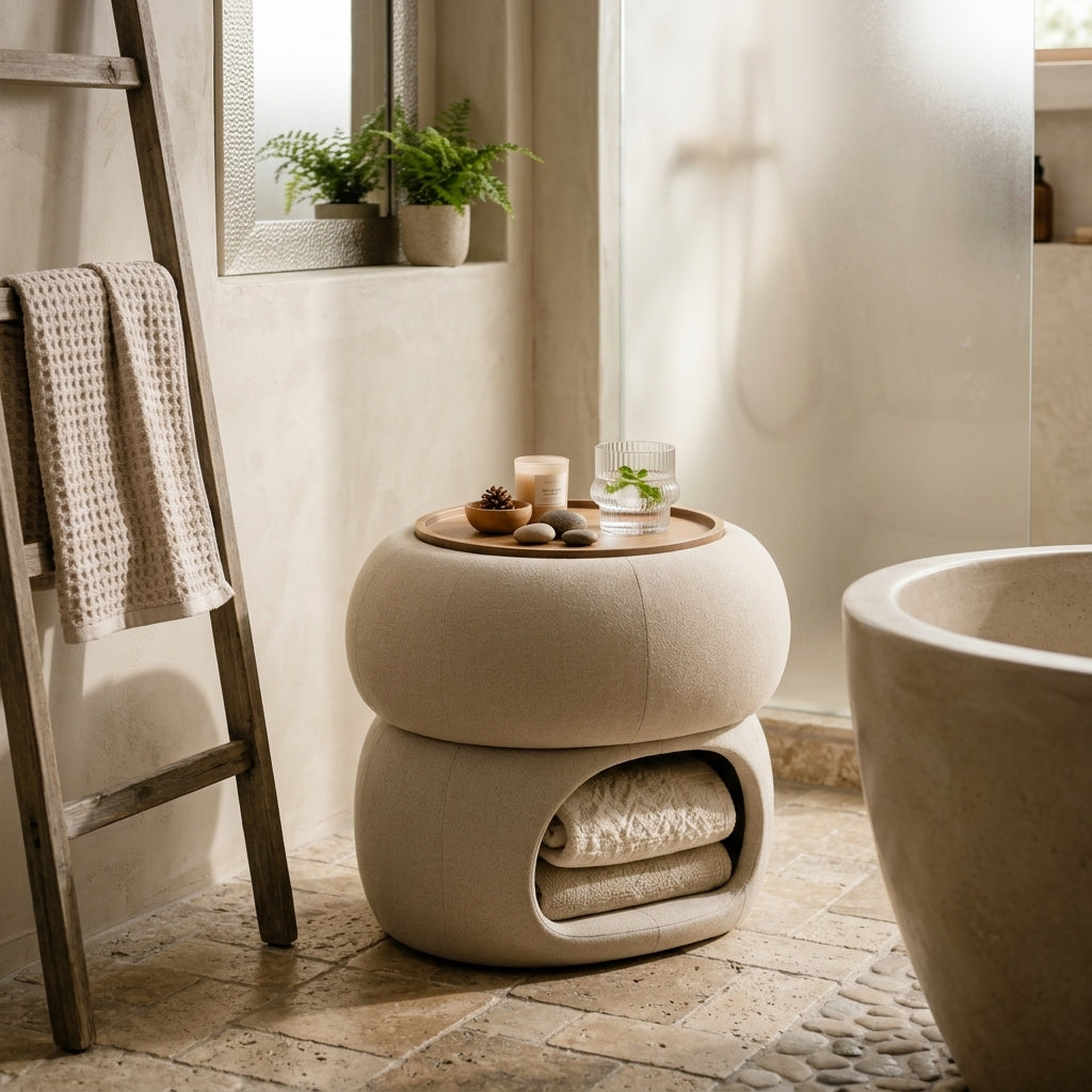 Zayvella™ HavenNest Storage Side Table – Upholstered Round Accent Table with Wood Tray Top & Open Blanket Compartment