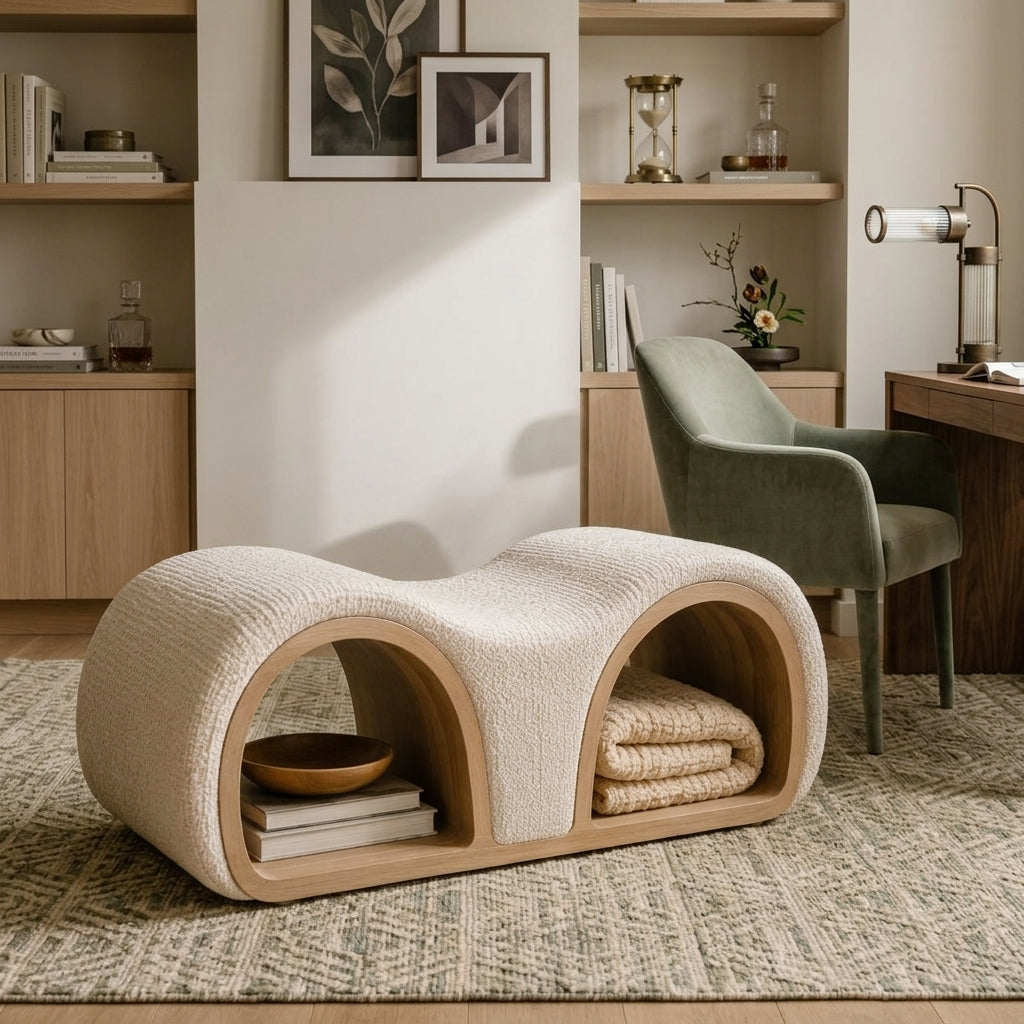 Zayvella™ SereneWave Upholstered Storage Bench – Sculptural Curved Accent Ottoman with Dual Open Shelves for Living Room, Bedroom & Lounge